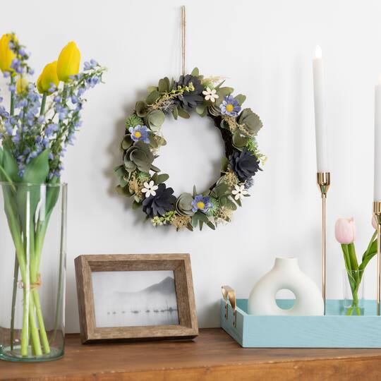 10.5" Green & Blue Wooden Mixed Floral Artificial Spring Wreath